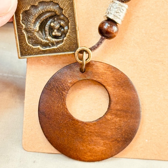Wood Ring Pendant w/Rose Charm & Small Wood & Silver Tone Beads - Picture 2 of 10